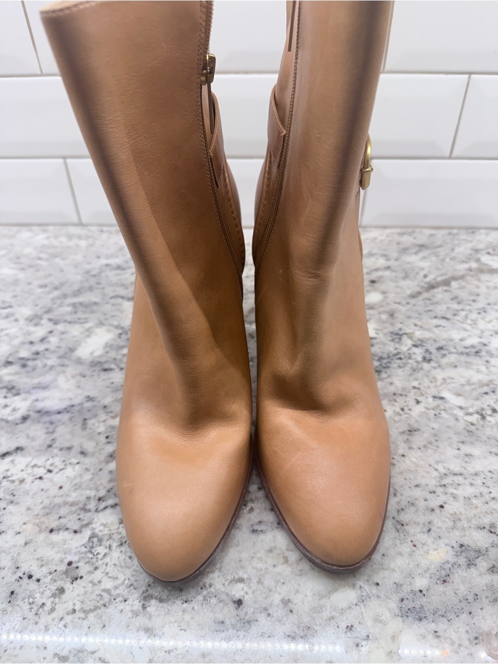 Veronica Beard Camel Leather High Heel Ankle Boot with Gold Buckle - Picture 4 of 4